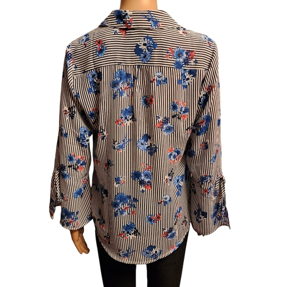 Floral Striped Blouse with Open Bell Sleeves - Picture 4 of 12